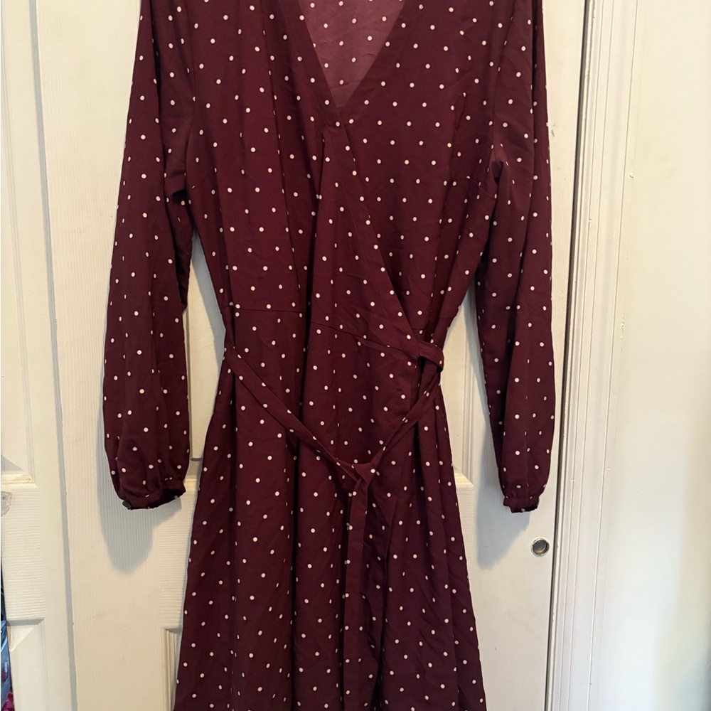 LOFT Maroon Polka Dot Long Sleeve Dress